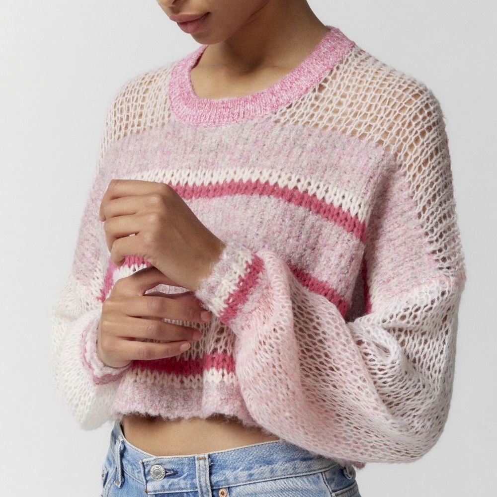 New Kimchi Blue Pink and White Knit Crochet Sweater